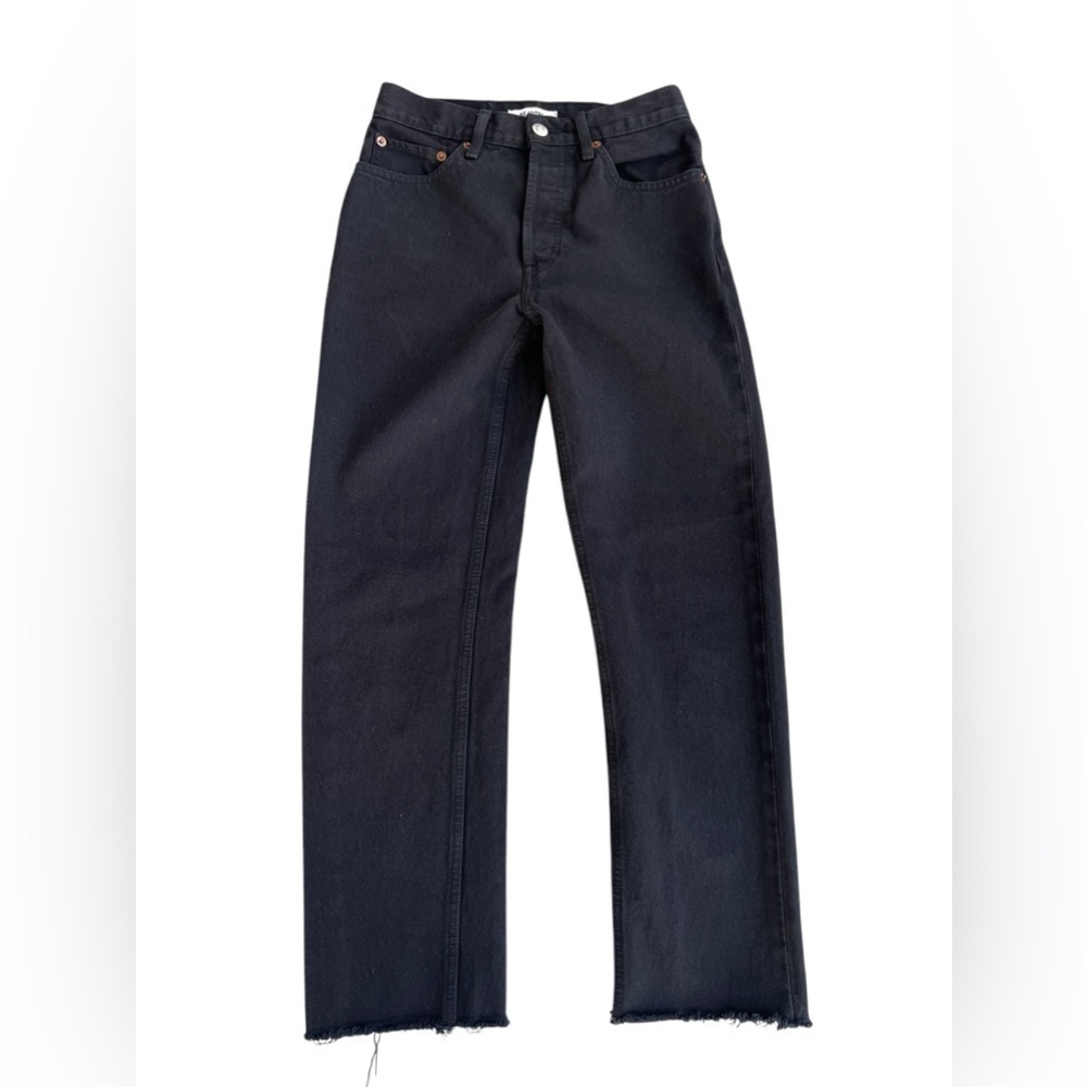 Re/Done High Rise Ankle Fray Crop Stretch Button Fly Black Jeans Size  25